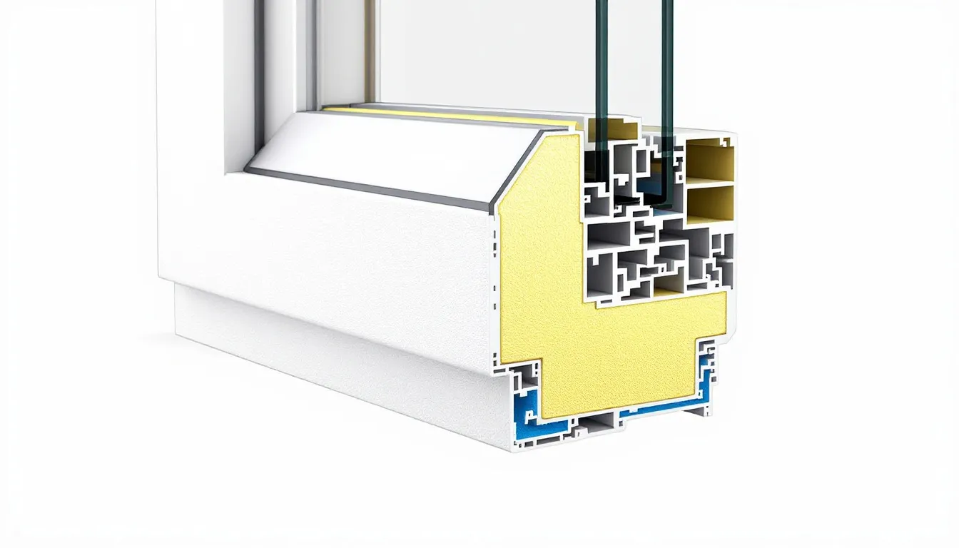 De afbeelding toont een doorsnede van een meerlagig kunststof raam profiel met zichtbare kamers, wat de technische kenmerken en optimale thermische isolatie illustreert. Dit profiel is ontworpen voor energie efficiëntie en biedt uitstekende inbraakwerendheid, ideaal voor zowel nieuwbouw als renovatie.