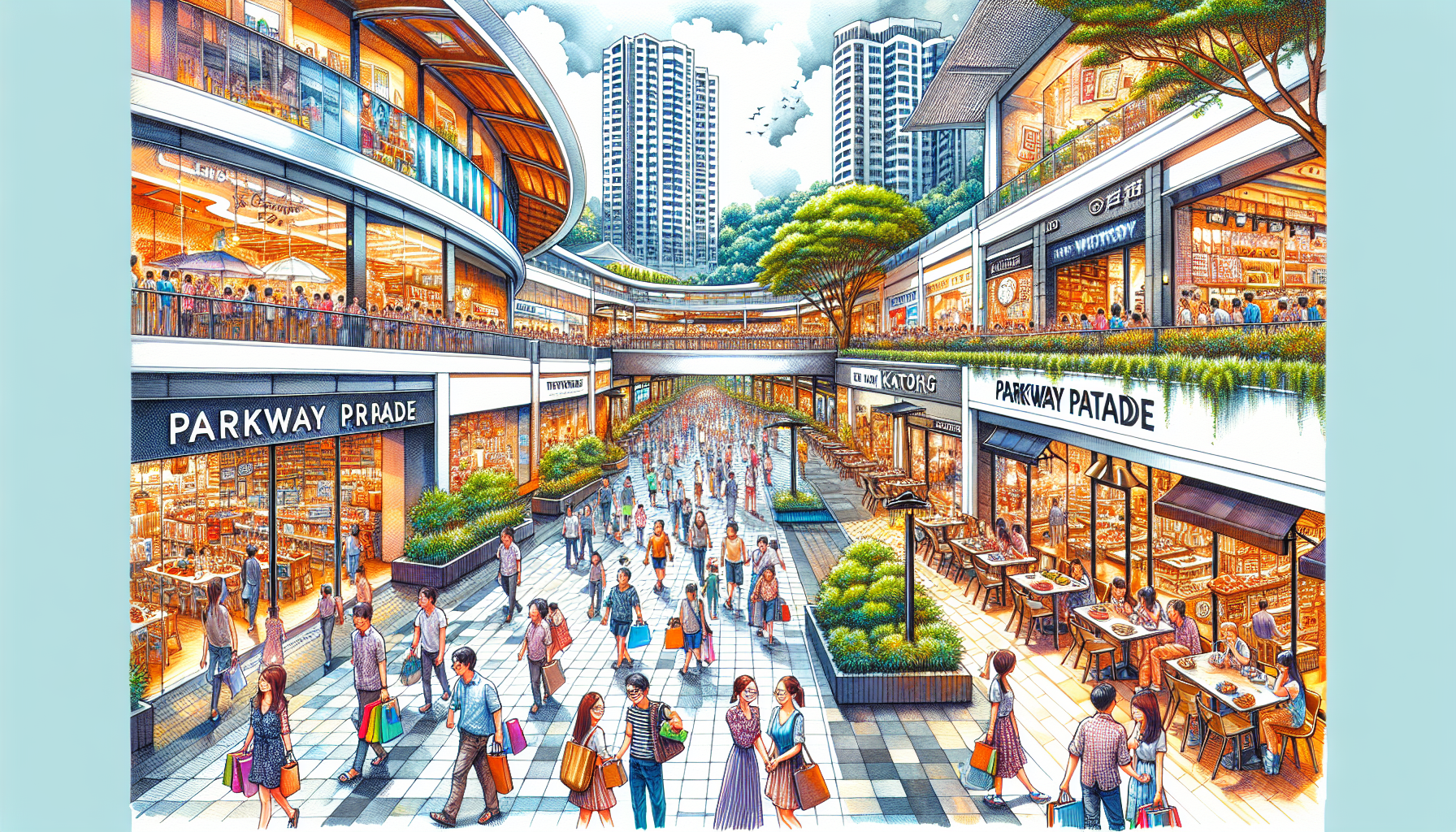 Artistic representation of shopping and dining options in Katong
