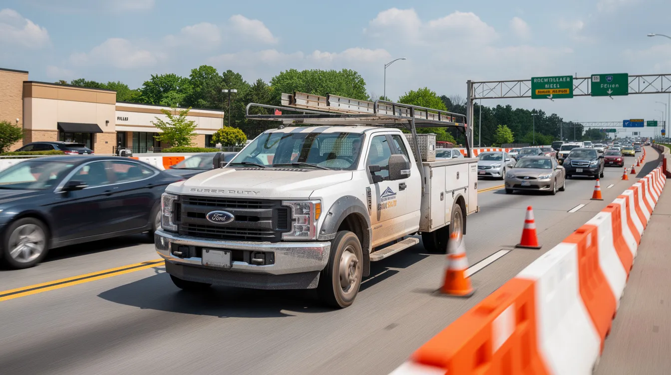 A work truck is parked on a busy suburban highway during the daytime, surrounded by construction barriers, highlighting the potential for serious accidents and truck crashes. This scene serves as a reminder of the risks associated with motor vehicle accidents, particularly involving commercial vehicles in Sugar Land, TX.