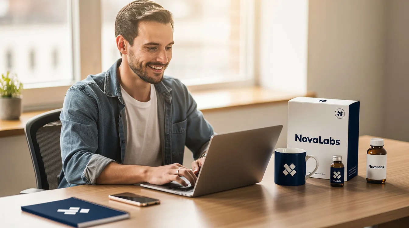 A confident entrepreneur is seated at a laptop, actively working on a trademark application while surrounded by branded products. The scene highlights the importance of trademark registration and the trademark application process in building a successful business.