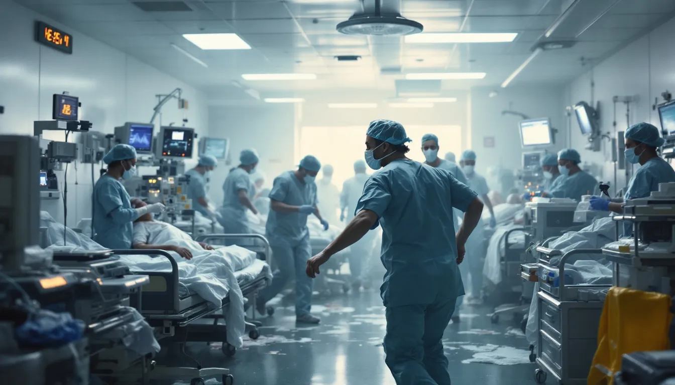 In a busy hospital setting, healthcare workers are actively responding to the challenges posed by health misinformation during a crisis, emphasizing the importance of accurate information in managing infectious disease outbreaks like the COVID-19 pandemic. The scene illustrates the ongoing efforts to secure health systems and protect well-being, while navigating the complexities of public health and international health regulations.