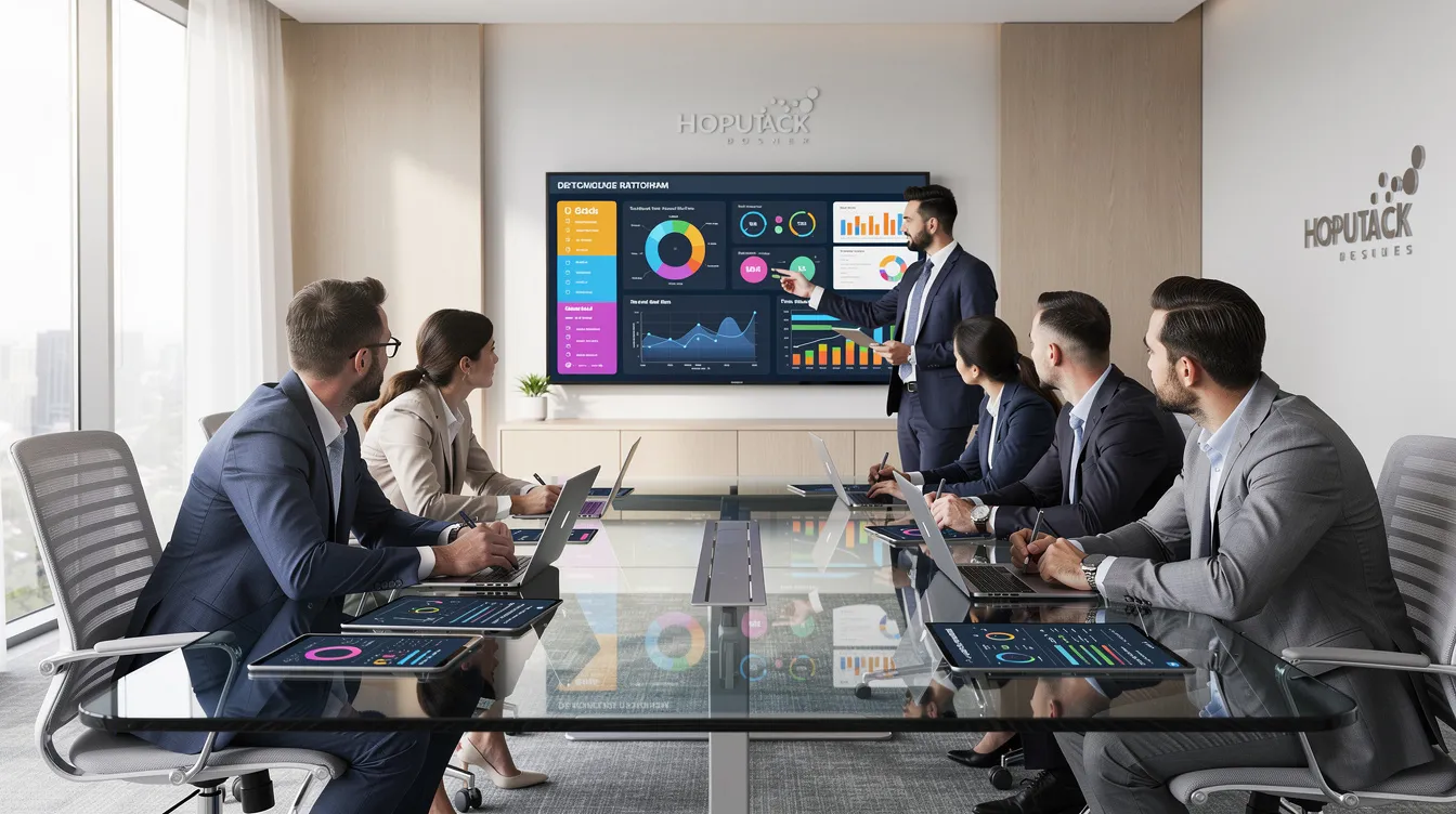 A diverse team collaborates around a conference table, engaging with digital displays that showcase data analysis and project updates. The atmosphere reflects a modern workspace, emphasizing the integration of AI tools and generative AI models in their creative process.