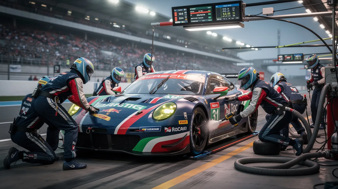 A race car pit crew is working efficiently together during a pit stop, with team members swiftly changing tires and refueling the vehicle. The scene captures the urgency and teamwork involved in a high-pressure environment, showcasing the precision of their movements.