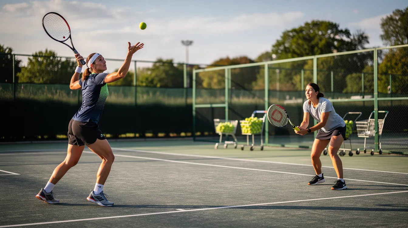 The image shows two tennis players on a practice court; one is serving with a powerful swing, while the other is in an athletic ready position, preparing to return the opponent's serve. The player in the ready position is focused and poised to react, demonstrating the importance of timing and court awareness for a good return.