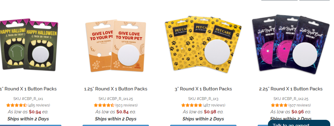 custom button packs website and company