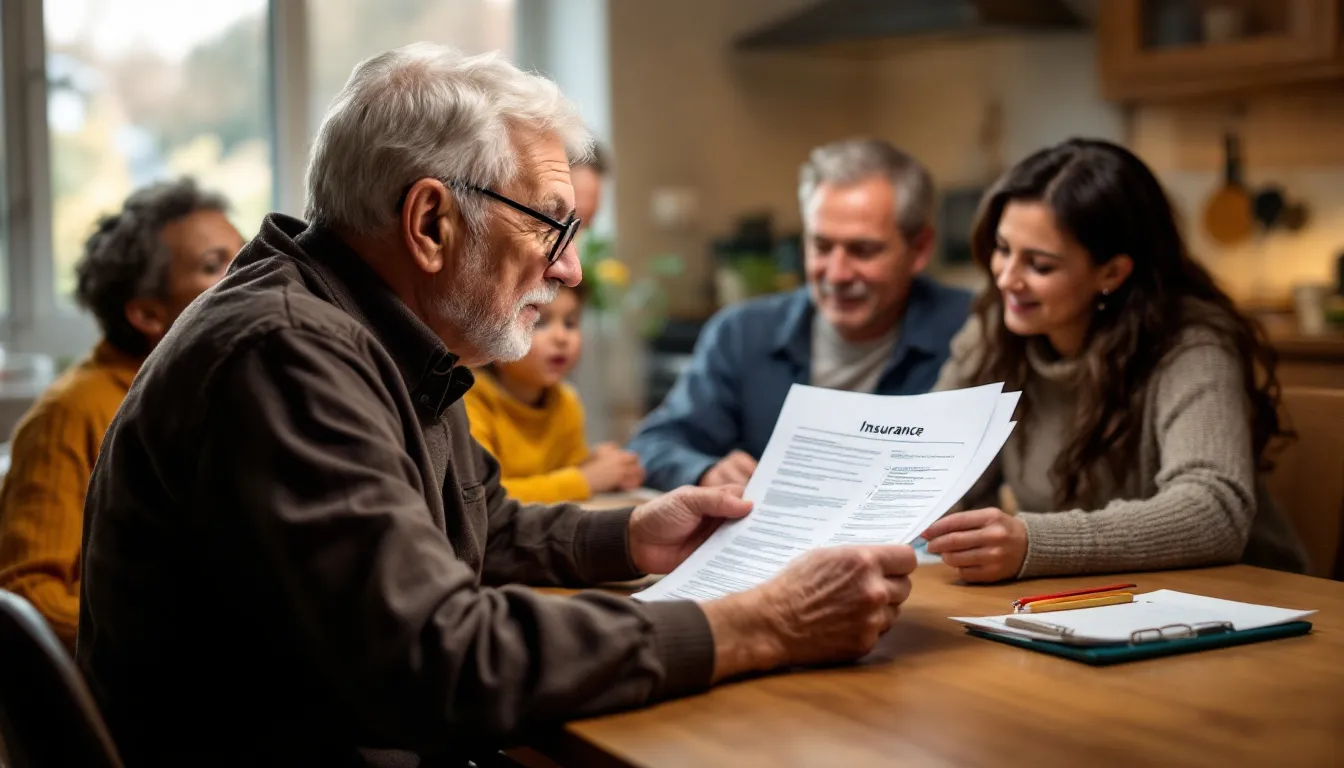An elderly person is seated at a kitchen table, carefully reviewing life insurance documents with family members, who are providing support and guidance. The atmosphere is collaborative as they discuss the implications of the life insurance policy, including the death benefits and potential viatical settlements.