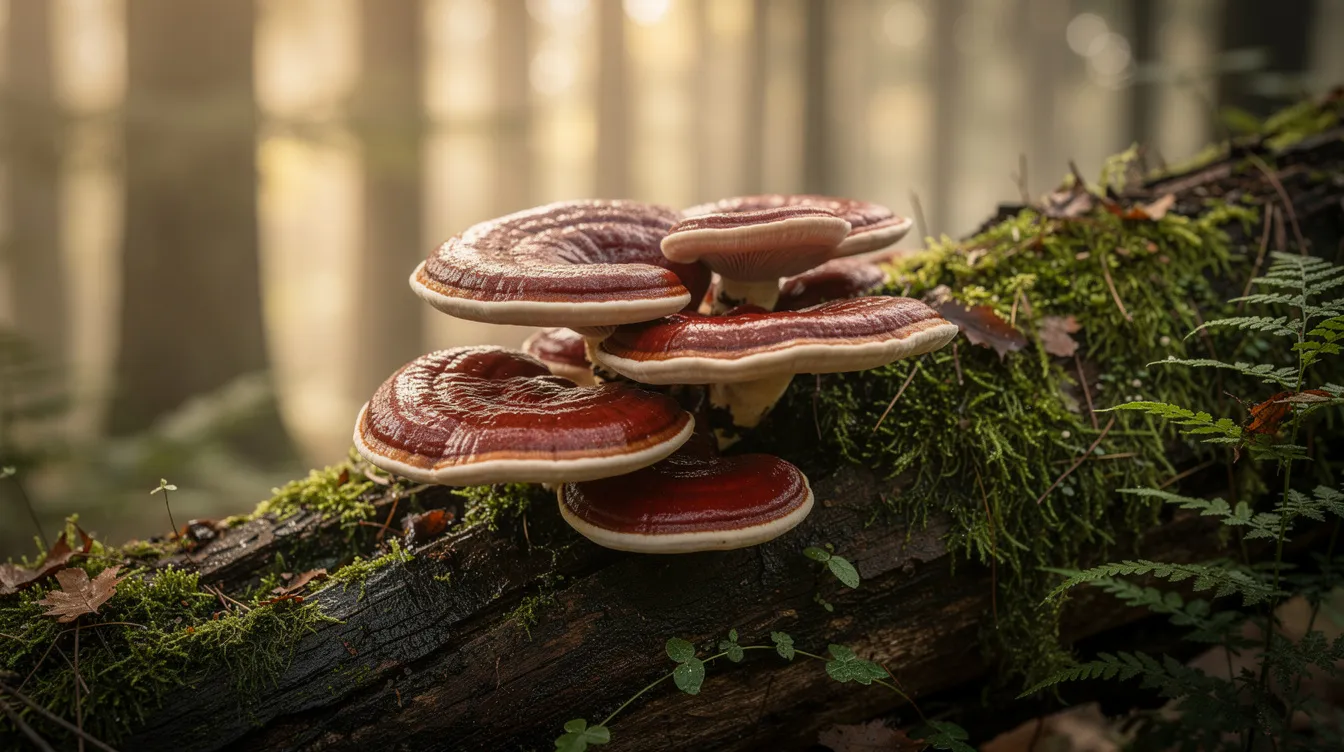 The image depicts vibrant Reishi mushrooms growing on a mossy log amidst a serene forest setting, highlighting the natural beauty of functional mushrooms known for their potential benefits in sleep support and stress relief. The lush green moss complements the earthy tones of the mushrooms, evoking a sense of calm and restorative rest, much like the qualities sought in sleep supplements such as wondersleep mushroom gummies.