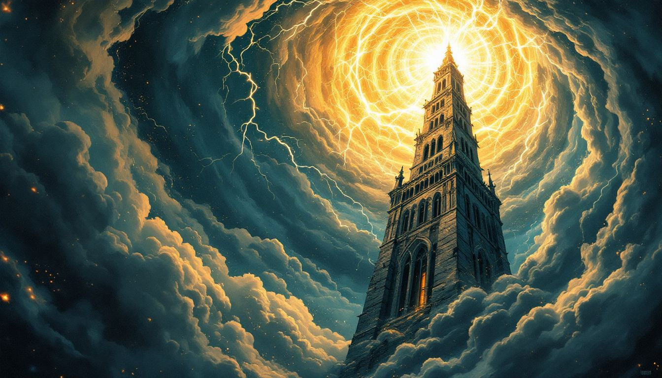 An artistic representation of the Tower tarot card depicting a tall tower struck by lightning.