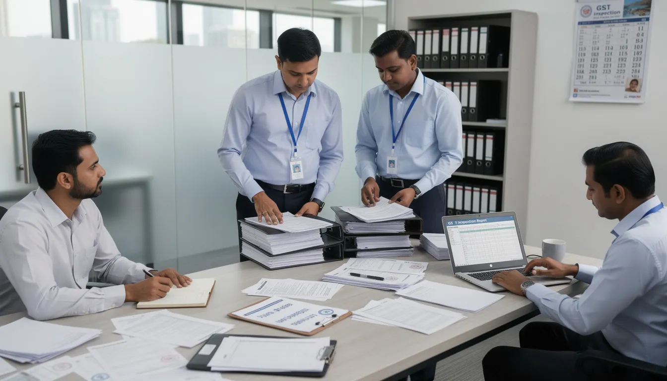 The image depicts GST officers conducting a professional search, equipped with proper documentation, as they ensure compliance with the Goods and Services Tax (GST) Act. The officers are likely reviewing tax invoices and other relevant documents to address issues related to indirect taxes and verify the legitimacy of taxable supplies.