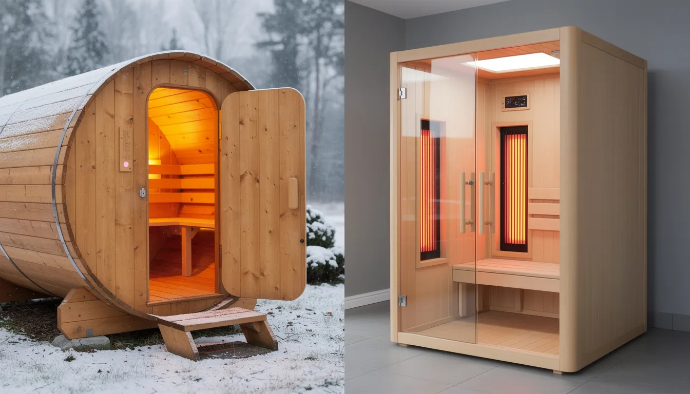 The image features a side-by-side comparison of a traditional wooden barrel sauna and a modern infrared sauna cabin, which has a glass door and visible interior lighting. This visual highlights the differences in design and technology, showcasing the traditional sauna's rustic charm alongside the sleek, health-focused infrared sauna that utilizes infrared light for enhanced health benefits like improved circulation and pain relief.