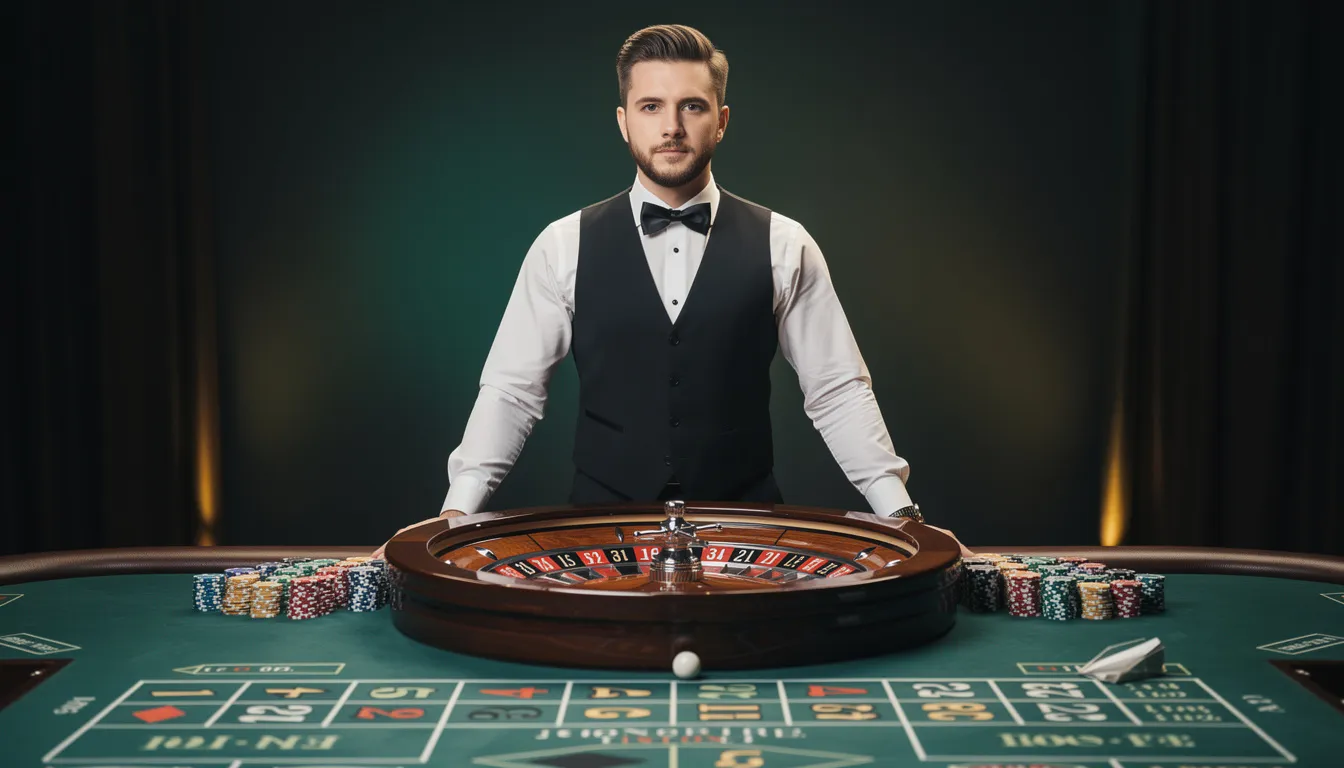 En professionell casinodealer står vid ett roulettebord i en stilren studiomiljö, redo att assistera spelare i deras spelupplevelse. Bordet är dekorerat med färgglada marker och en snurrande roulettehjul i fokus.