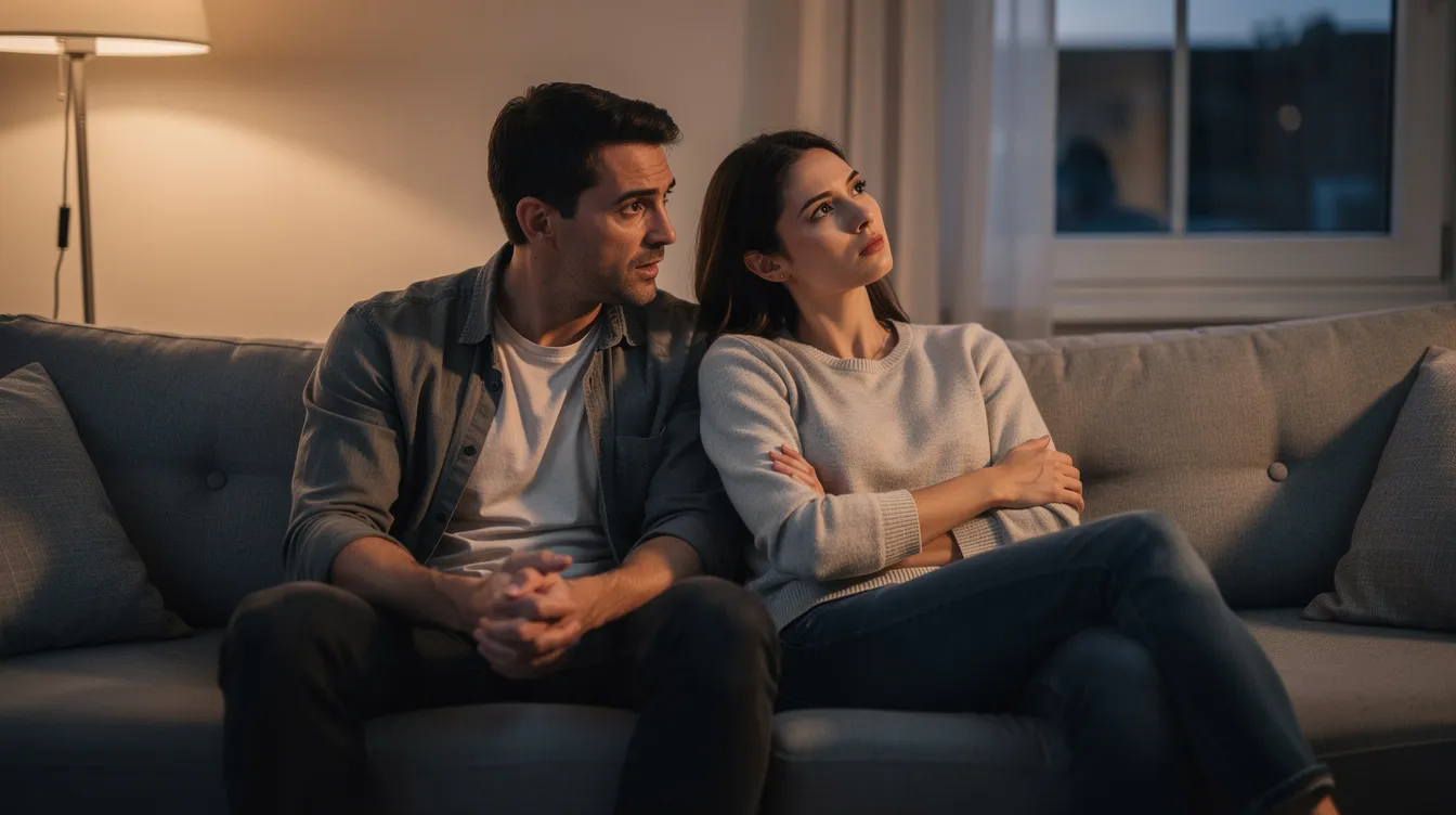 The image depicts a couple sitting together, but the woman exhibits signs of a dismissive avoidant attachment style, showing emotional distance and a reluctance to engage in deep emotional connections. She appears self-reliant and may feel uncomfortable with intimacy, reflecting the challenges often faced by avoidant individuals in romantic relationships.
