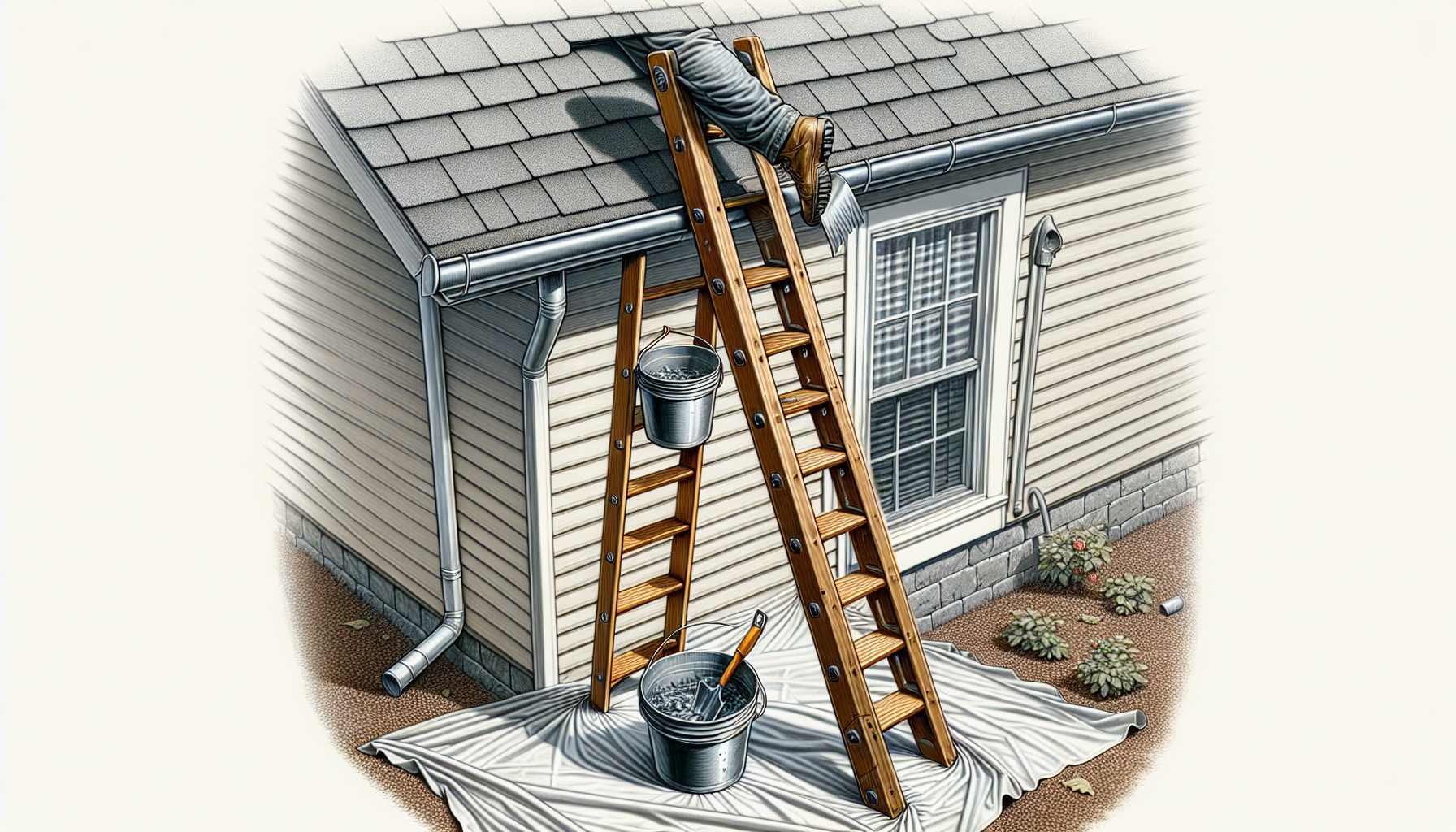 Illustration of ladder-assisted gutter cleaning with essential tools and protective gear