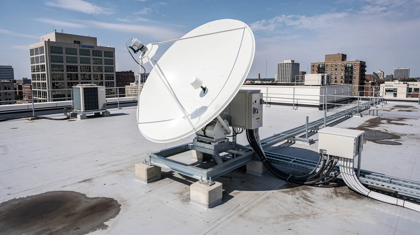 A commercial satellite dish is prominently mounted on the roof of a building, designed for optimal signal reception. The dish is likely part of a DSTV installation, ensuring clear channel access and strong signal strength for multiple decoders.