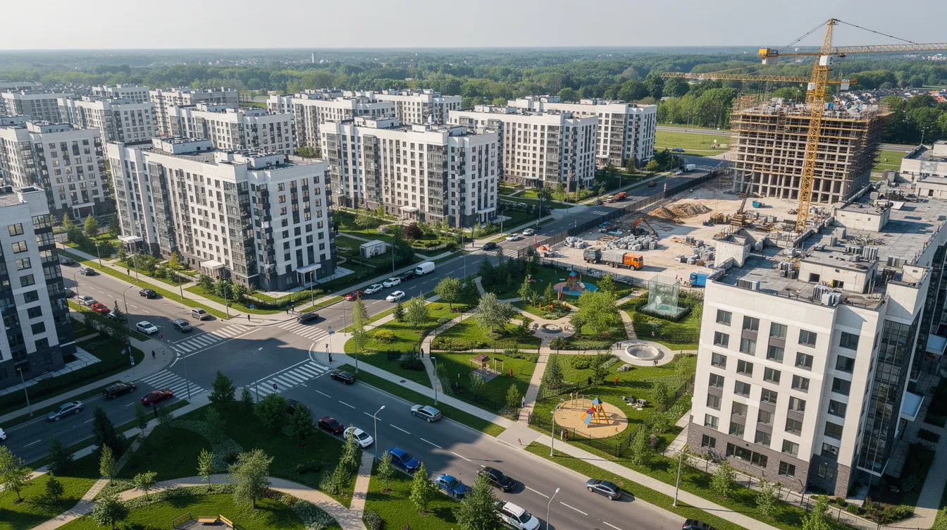 An aerial view showcases a vibrant residential neighborhood in Dubai, featuring apartment buildings, winding roads, and lush green landscaped areas, alongside ongoing construction activity. This area is likely part of the expanding Dubai Metro network, which includes the upcoming blue line stations that aim to enhance public transport and reduce traffic congestion.