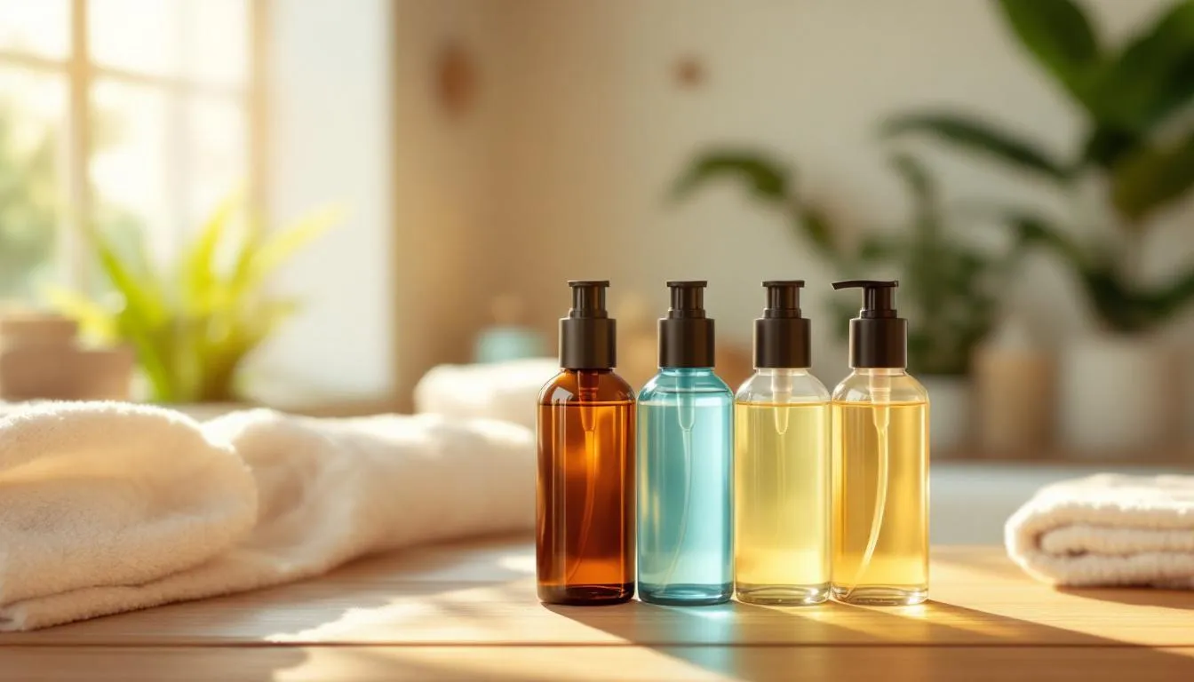 Popular body oils with labels blurred out.