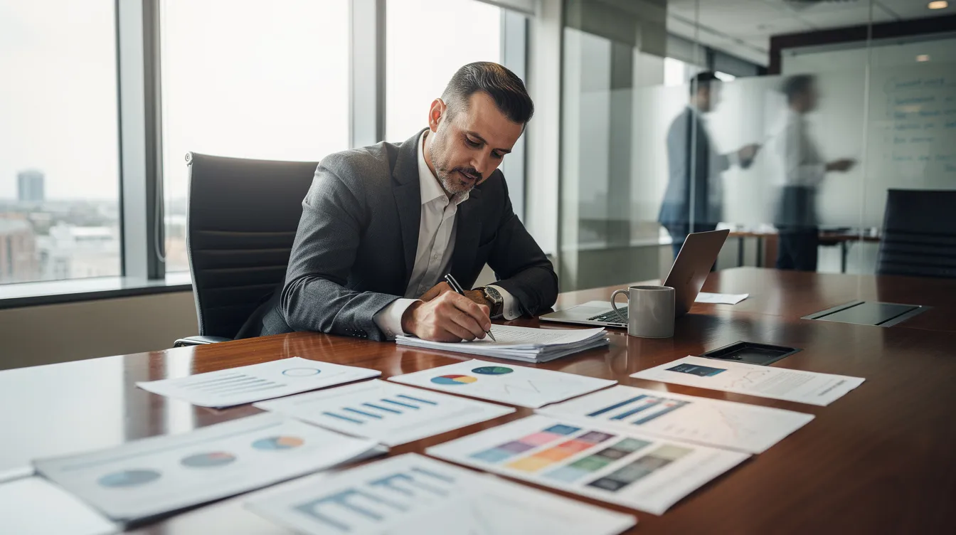 A business owner is seated at a conference table, reviewing printed reports and spreadsheets that likely contain important business data and local citation information. The scene reflects a focus on improving local search visibility and managing accurate business listings for enhanced local search performance.