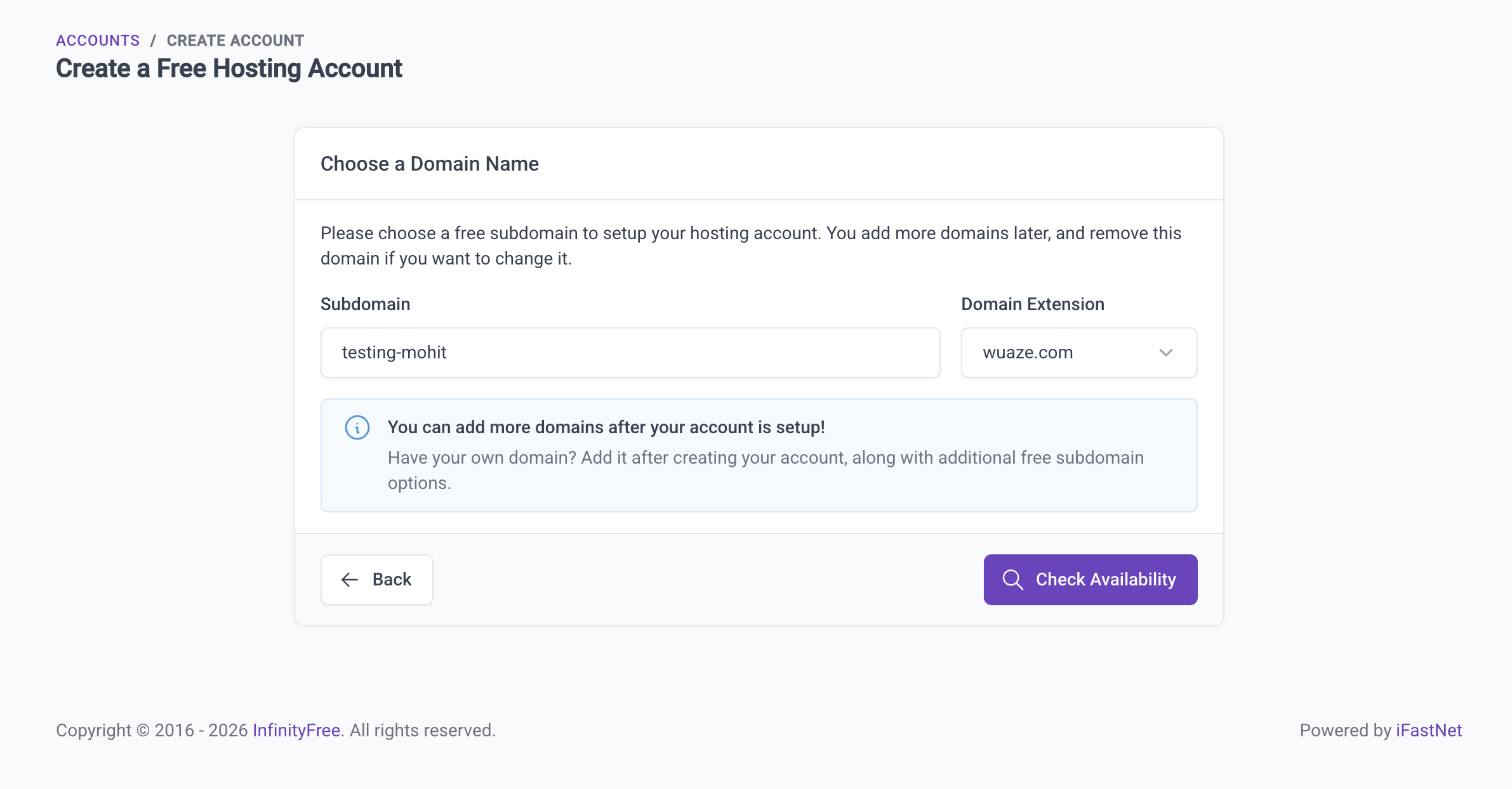 Enter a subdomain name for your website.