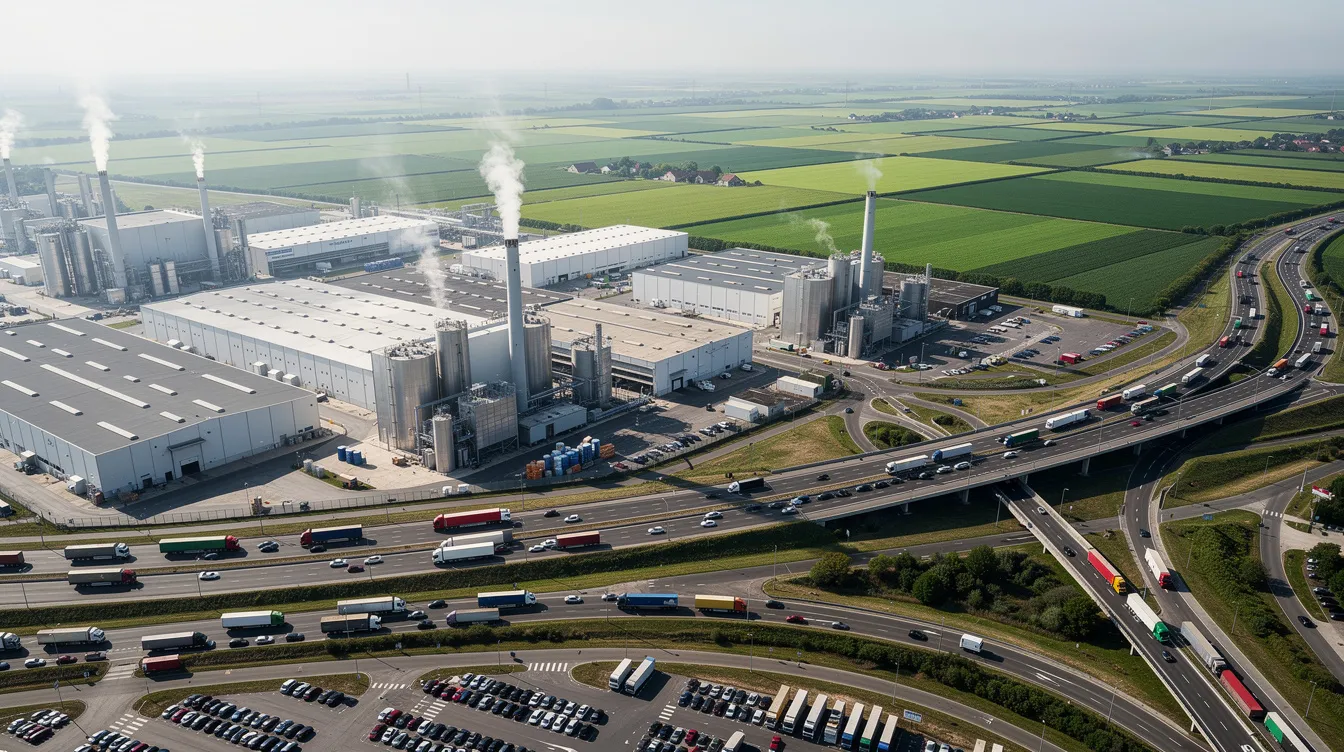 The image depicts a bustling industrial zone featuring various factories and highways, with vibrant green agricultural fields visible in the background. This scene highlights the potential for profitable small business ideas and manufacturing business opportunities in Maharashtra, showcasing the blend of industry and agriculture essential for economic growth.