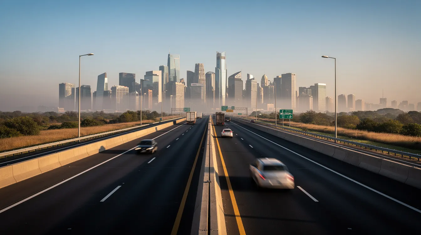 The image depicts a long highway leading towards a city skyline on the horizon, symbolizing the journey and connectivity that car shipping companies offer for vehicle transport services. This scene captures the essence of auto transport, where the road represents the routes taken by reliable auto transport companies to deliver vehicles safely.