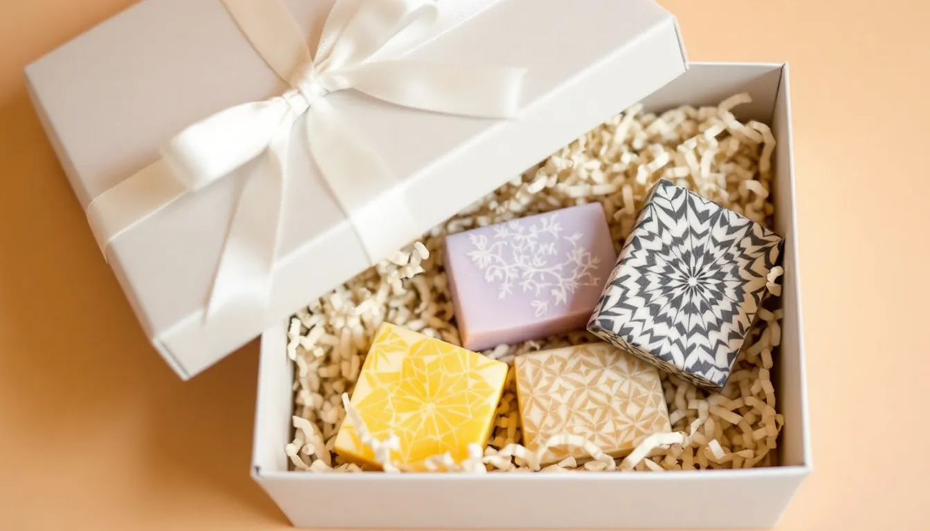 A beautifully arranged gift box contains DIY lotion bars and handmade soap bars, nestled in shredded paper and tied with a ribbon, showcasing thoughtful homemade gift ideas perfect for the holiday season. This creative and personal gift is ideal for friends and family, reflecting love and effort in every detail.