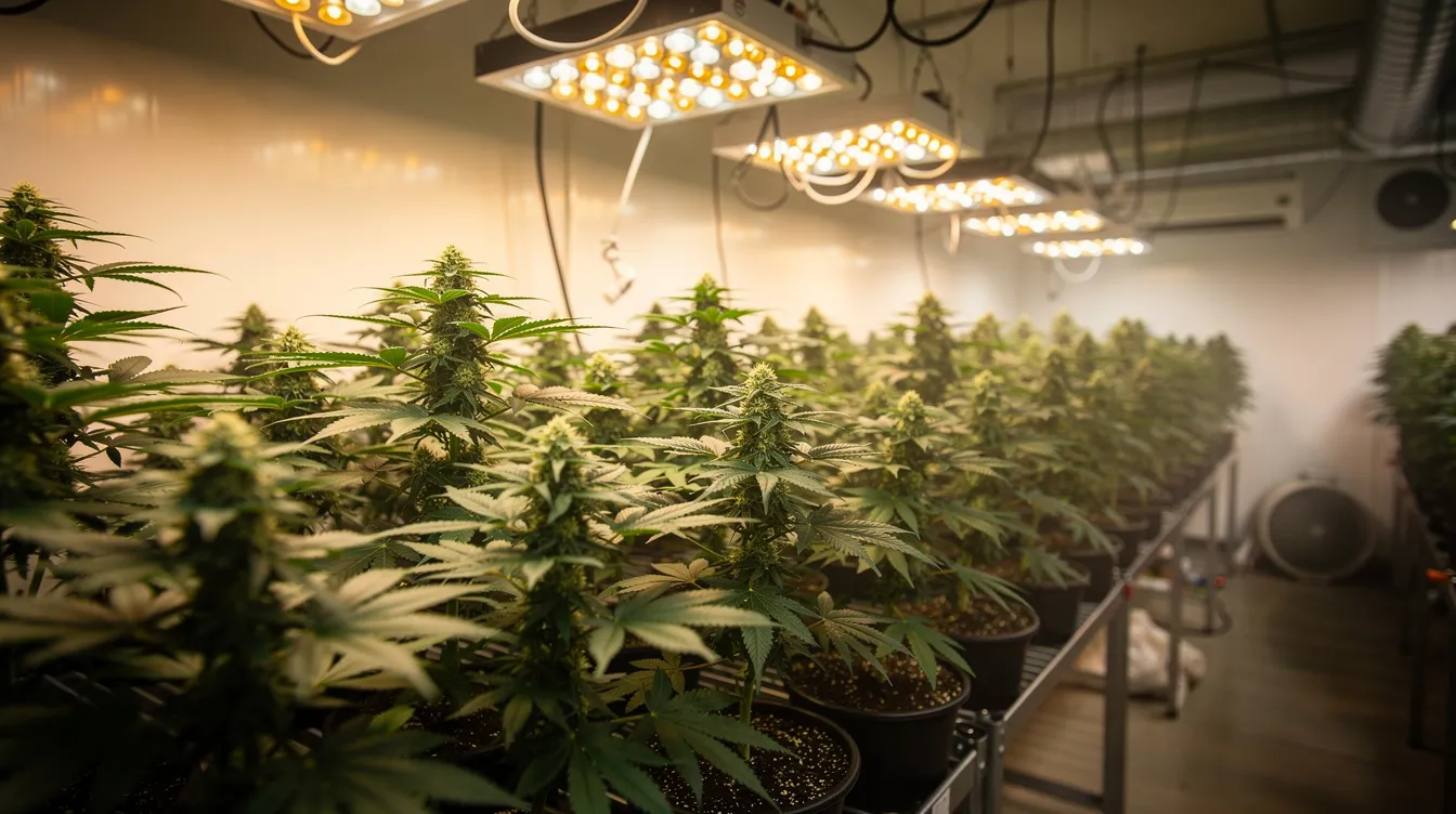 Das Bild zeigt üppige Cannabispflanzen in einem professionellen Indoor-Anbau, beleuchtet von speziellen Lampen, die eine kontrollierte Umgebung für das Wachstum schaffen. Diese Szene ist ein Beispiel für die moderne Drogenpolitik und die mögliche Legalisierung von Cannabis in Deutschland.