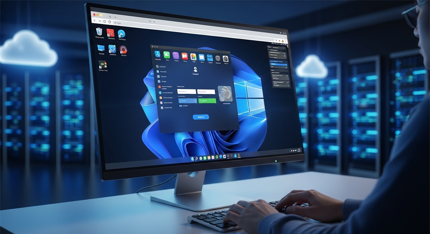 User logging into a full desktop environment via browser, with cloud servers handling backend operations