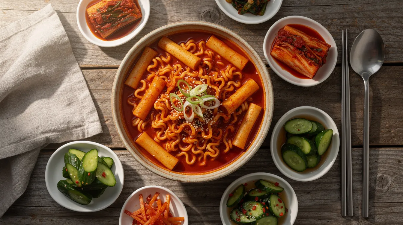 The image showcases a vibrant spread of Korean food, featuring a bowl of rabokki filled with chewy rice cakes and ramen noodles coated in a delicious spicy sauce, accompanied by small dishes of tangy kimchi and refreshing cucumber salad. This colorful arrangement highlights popular Korean dishes, perfect for those who love Korean cuisine.