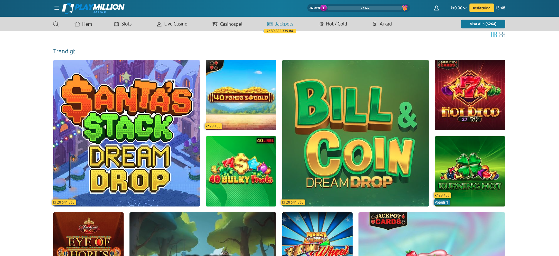 Jackpotsektion hos PlayMillion Casino med progressiva jackpotspel som Bill & Coin Dream Drop, Santa’s Stack Dream Drop och Burning Hot.
