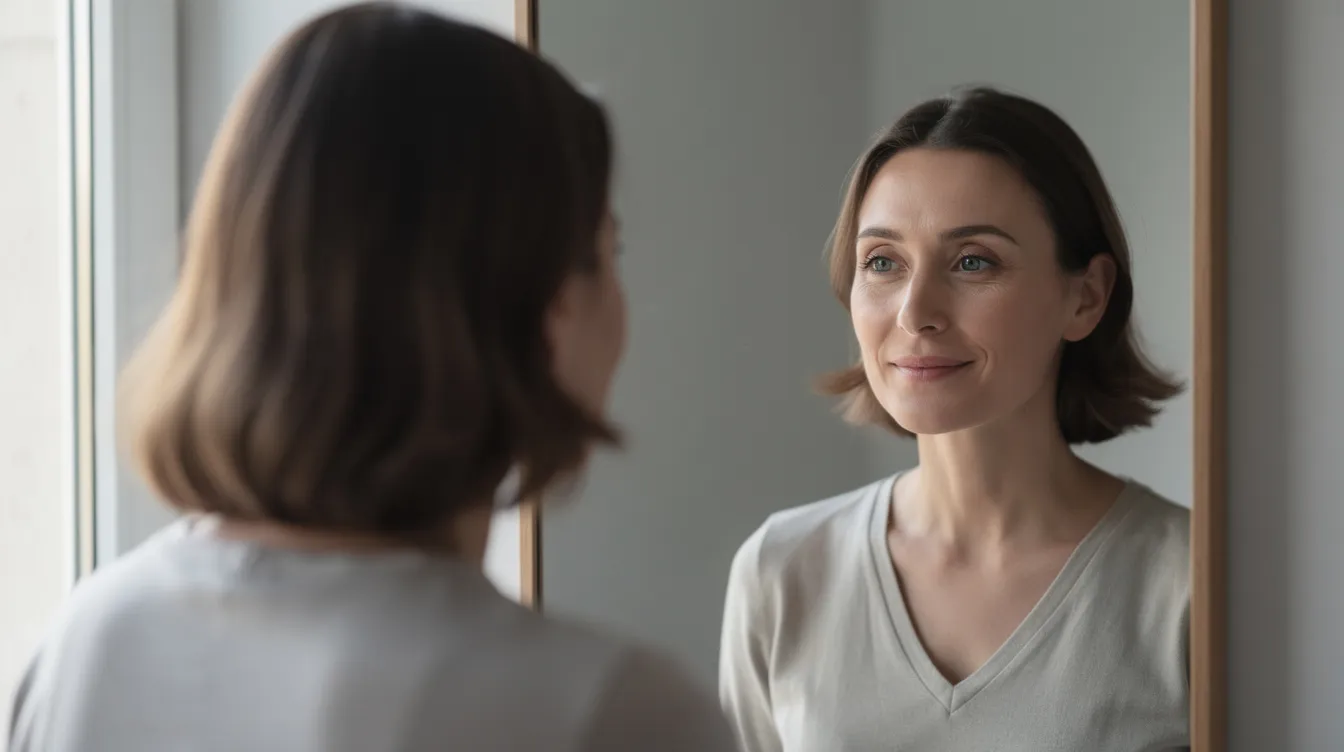 Una persona tranquila se mira en un espejo con una expresión serena, iluminada por una suave luz natural. Esta imagen refleja el momento de calma y reflexión que muchos pacientes experimentan durante el proceso de recuperación tras una blefaroplastia, observando los resultados de su cirugía de párpados.