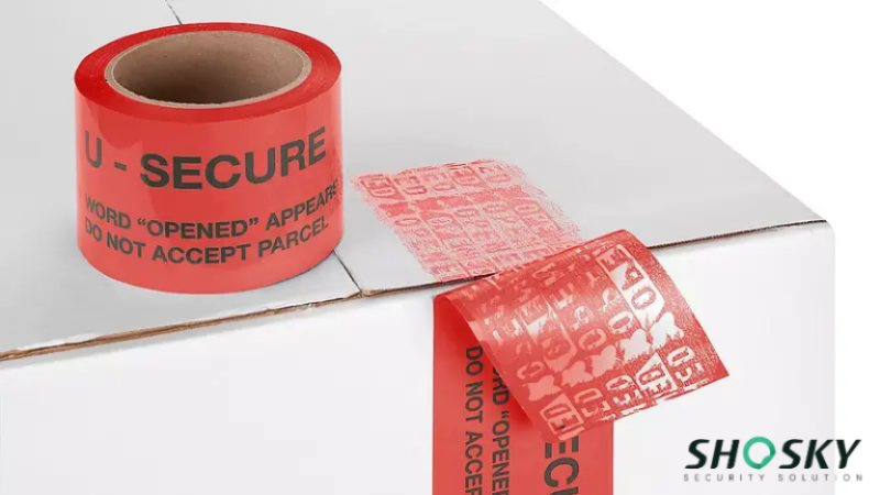 Image showing red fda security tape with hidden message activated upon peeling to detect tampering