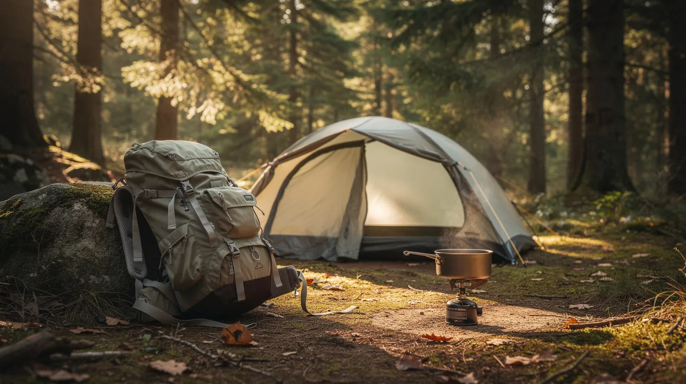 A small tent is set up at a forest campsite alongside a backpack and a cooking pot, showcasing essential items for outdoor activities. This gear kit is perfect for those seeking adventure and quality camping experiences.