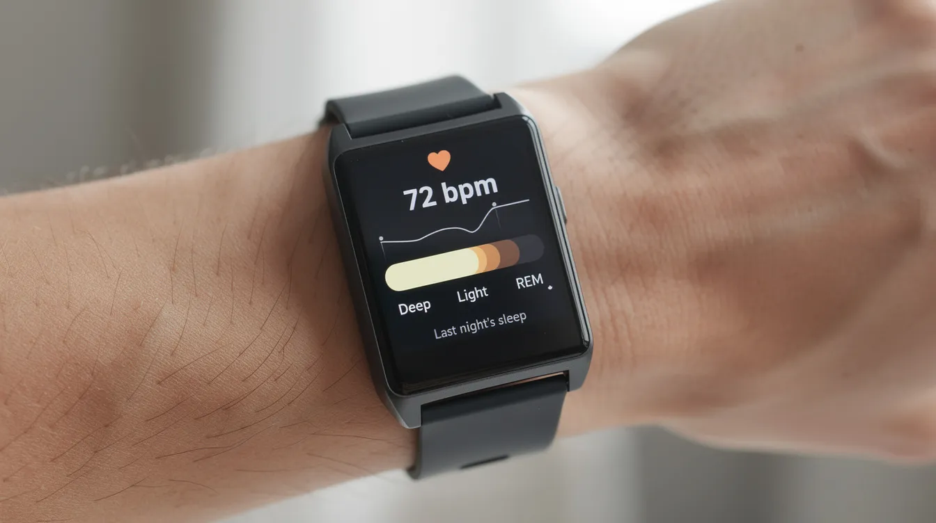 A fitness tracker is shown on a wrist, displaying real-time heart rate and sleep data, which are essential for monitoring overall well-being and maintaining vitality. This device helps users track sleep quality and manage stress levels, contributing to better brain function and cognitive performance.