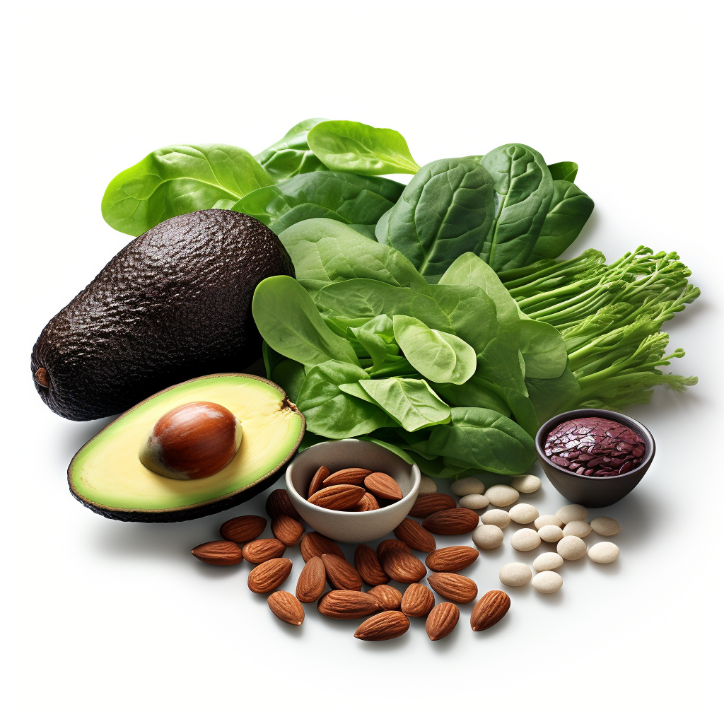 An image of various magnesium-rich foods such as spinach, almonds, avocado, and black beans, which are natural sources of magnesium and can be an alternative to magnesium supplements.