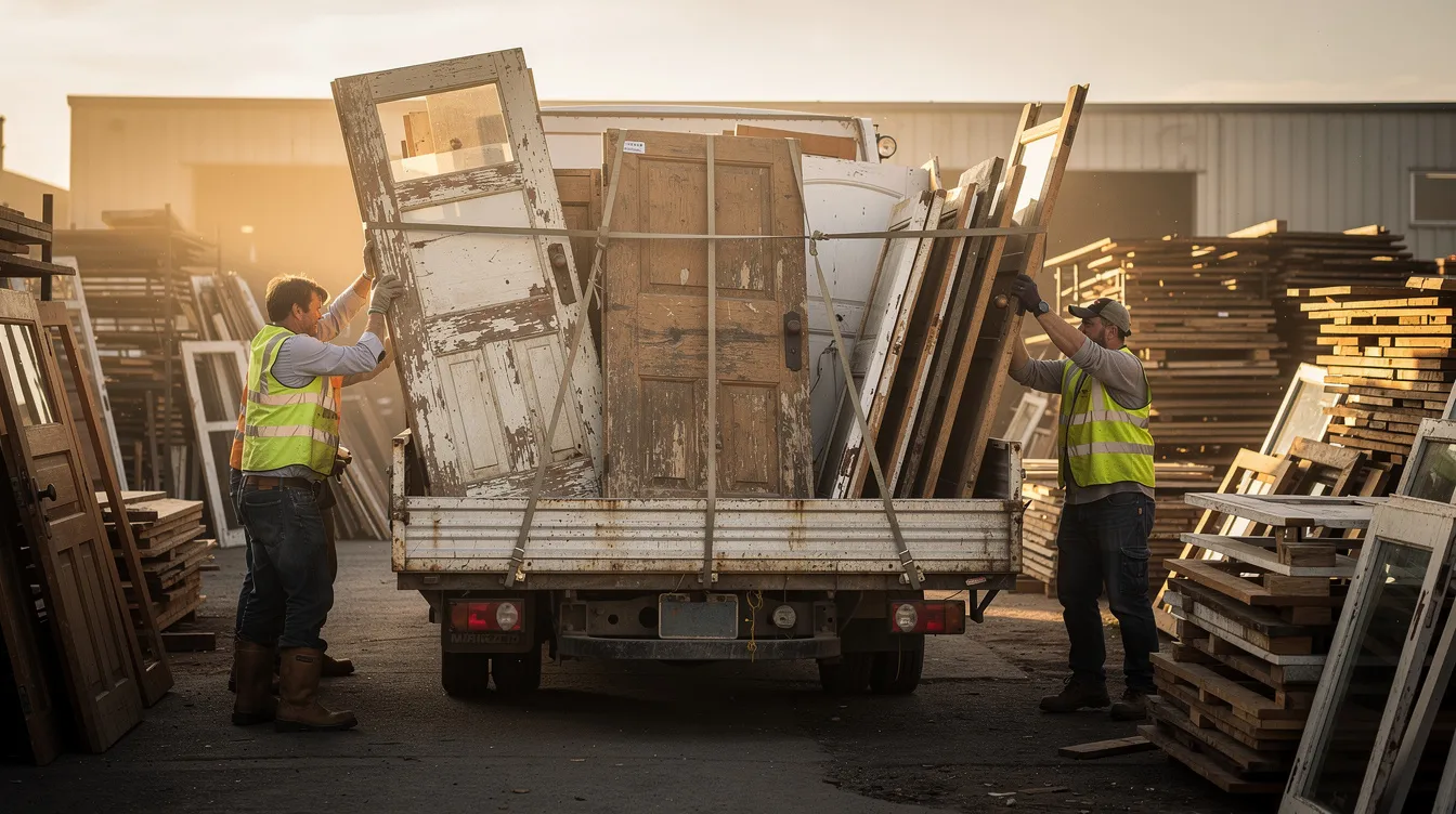 Workers loading reclaimed wooden doors and salvaged cabinet fronts onto a flatbed truck at a construction site