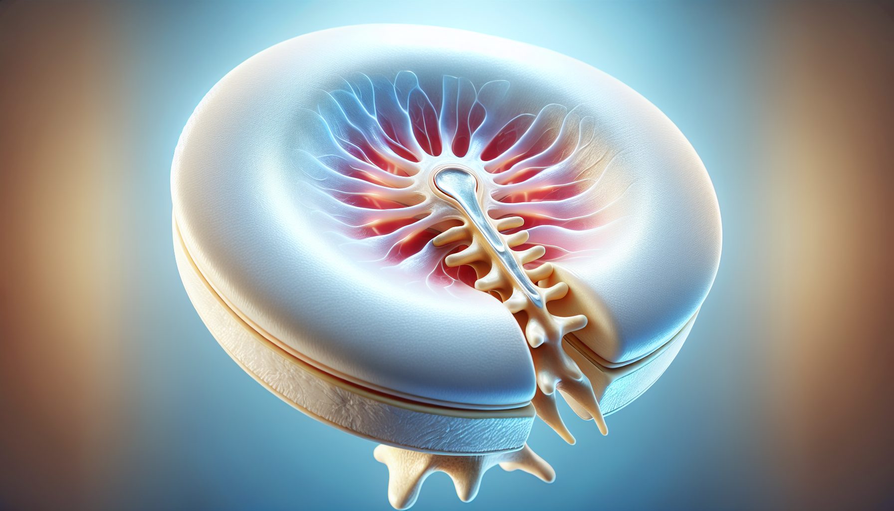 Illustration of a spinal disc with a visible tear, representing a herniated disc