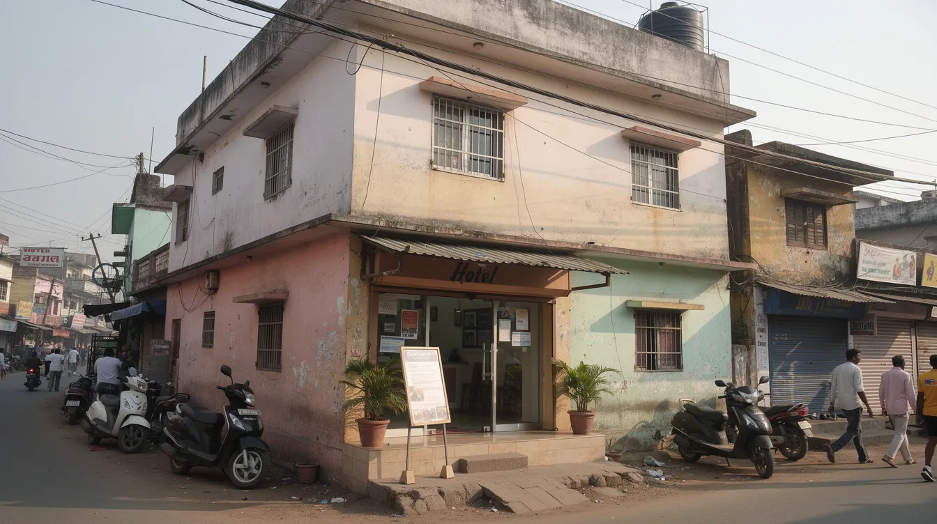 835ae444 2d5c 4ae4 8440 981481e239b5 The image depicts a small two-storey hotel building with a simple reception entrance, situated on a bustling street in an Indian city. This boutique hotel reflects the hospitality industry’s charm, showcasing a modern design that caters to both business travelers and tourists.