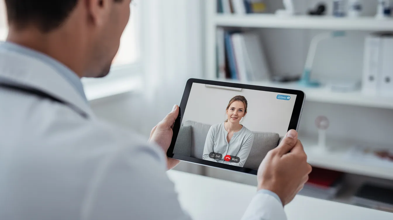 A doctor is seen conducting a video consultation on a tablet, with a patient visible on the other end, showcasing the use of advanced technology in healthcare services. This scene highlights the convenience of doctor on call services, allowing for personalized care and immediate medical assistance from the comfort of home.