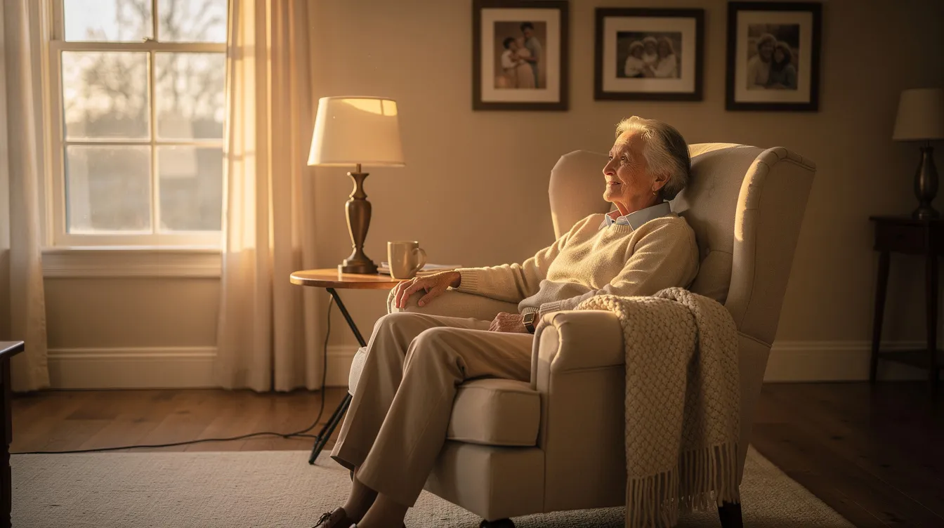An older adult is sitting comfortably in a living room chair by a window, bathed in warm natural light, which enhances the peaceful atmosphere. This scene emphasizes the importance of transitional care for seniors, providing a supportive environment for recovery and well-being in their everyday life.