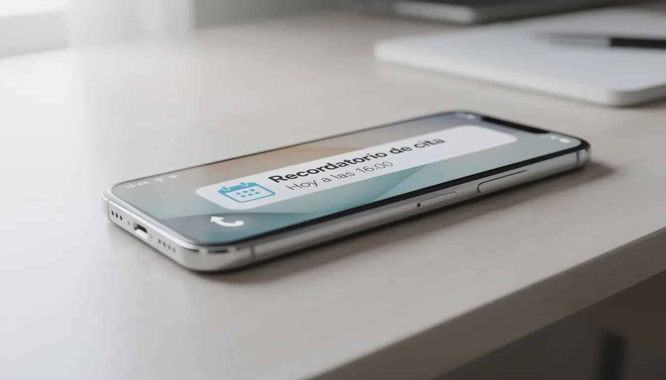 Imagen de un smartphone que muestra una notificación de recordatorio de cita, resaltando la importancia de la gestión de clientes y el uso de recordatorios automáticos para facilitar la organización de citas en negocios y empresas.