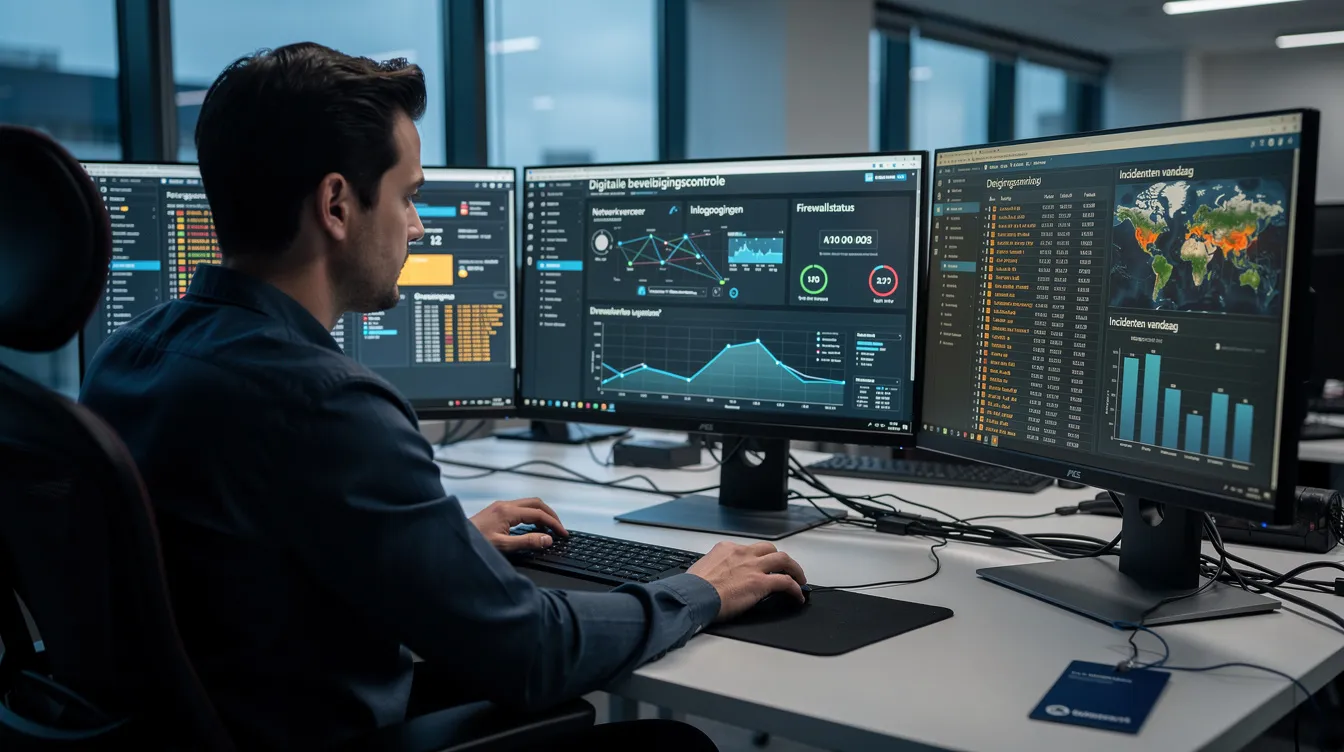 Een compliance officer controleert digitale beveiligingsgegevens op meerdere schermen, waarbij hij de naleving van interne richtlijnen en relevante wetgeving in de financiële sector waarborgt. Deze taak is cruciaal voor het handhaven van ethische normen en het voorkomen van eventuele overtredingen.