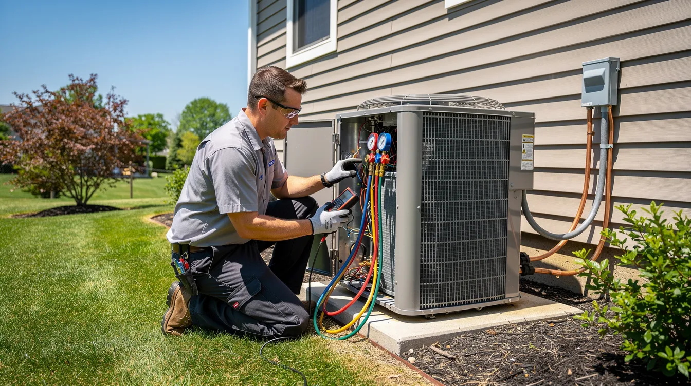An HVAC technician is inspecting an outdoor air conditioning condenser unit on a sunny day, ensuring the efficiency and maintenance of the AC system for Miami homeowners. The technician's expertise is essential for diagnosing any potential issues and providing transparent pricing for necessary repairs.