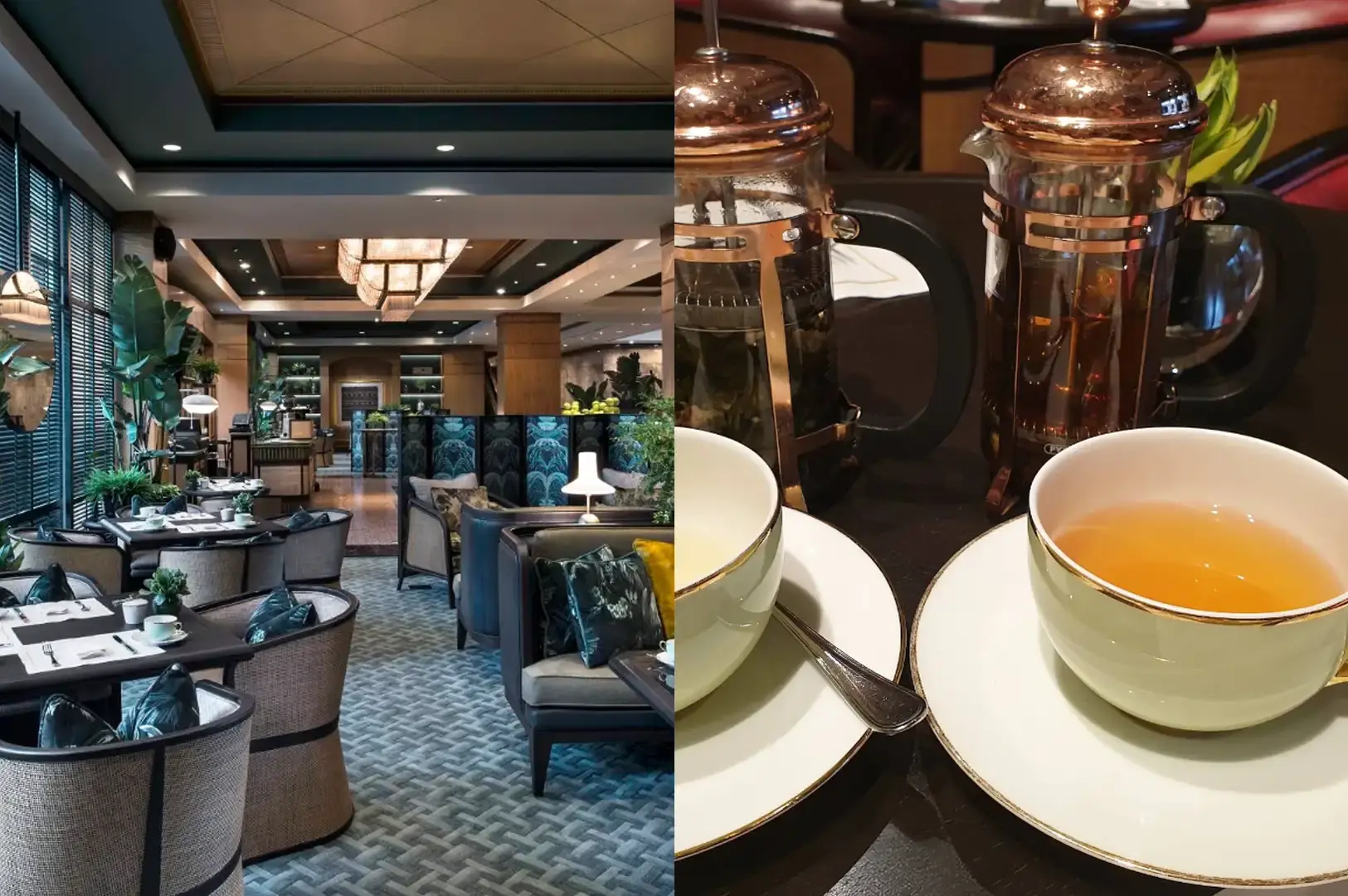 A split-screen composition featuring a spacious, dimly lit afternoon tea salon on the left with plush armchairs, dark teal patterned screen dividers, and green foliage, side-by-side on the right with a table setup featuring copper-accented french press tea infusers and white porcelain teacups filled with amber tea.