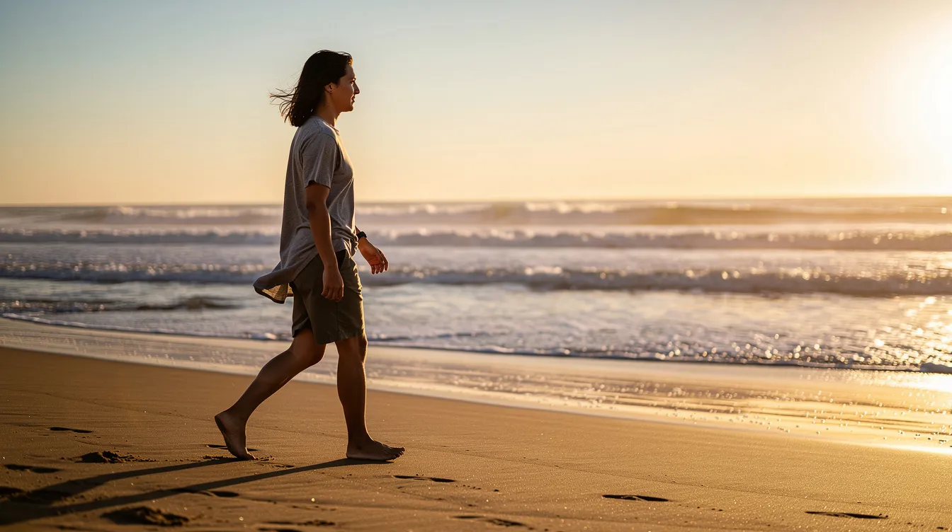 A person walks confidently along a sandy beach shoreline, with gentle waves lapping at the shore in the background. This scene captures a sense of freedom and self-confidence, reminiscent of the positive outcomes that can follow body contouring procedures like thigh lift surgery, especially for those who have undergone massive weight loss.