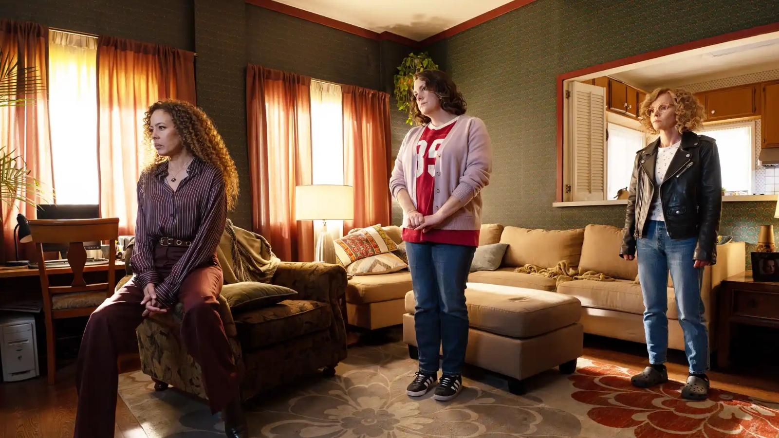 Tawny Cypress as Taissa, Melanie Lynskey as Shauna, and Christina Ricci as Misty in Yellowjackets Season 4