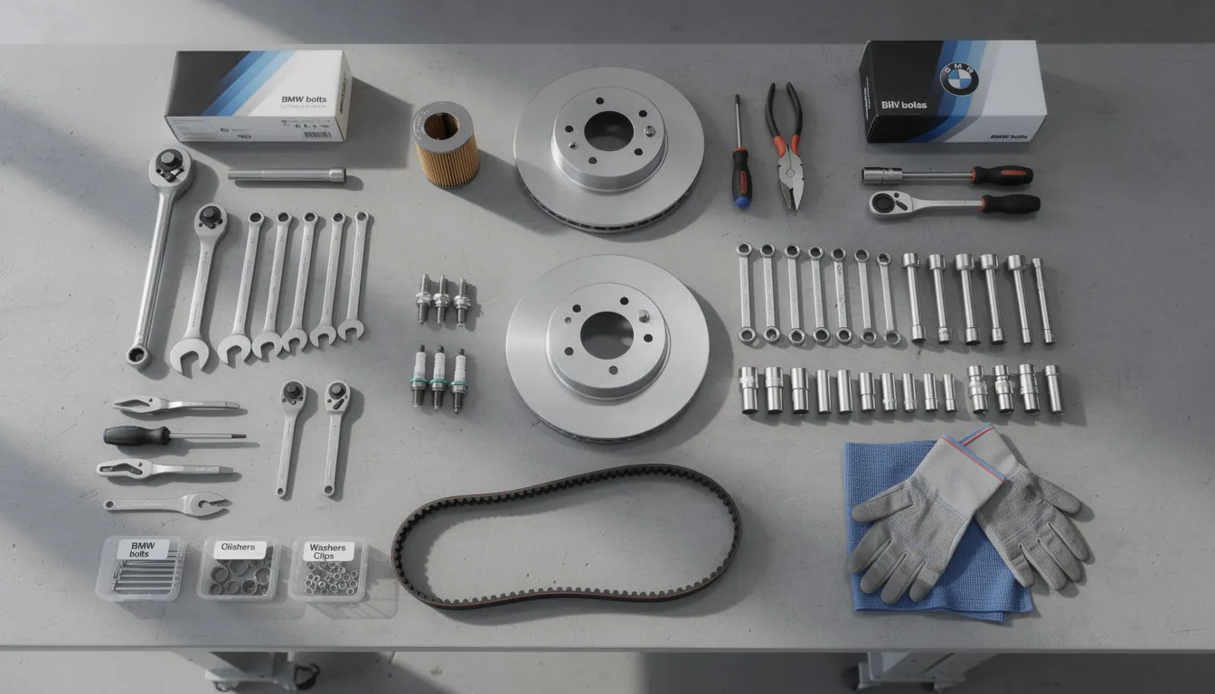 An organized display of BMW parts and tools is set up for maintenance work, showcasing various components essential for the upkeep of BMW models like the 3 Series and BMW M. This scene reflects the dedication of car enthusiasts who frequently discuss maintenance tips and performance upgrades in the ultimate BMW forum.