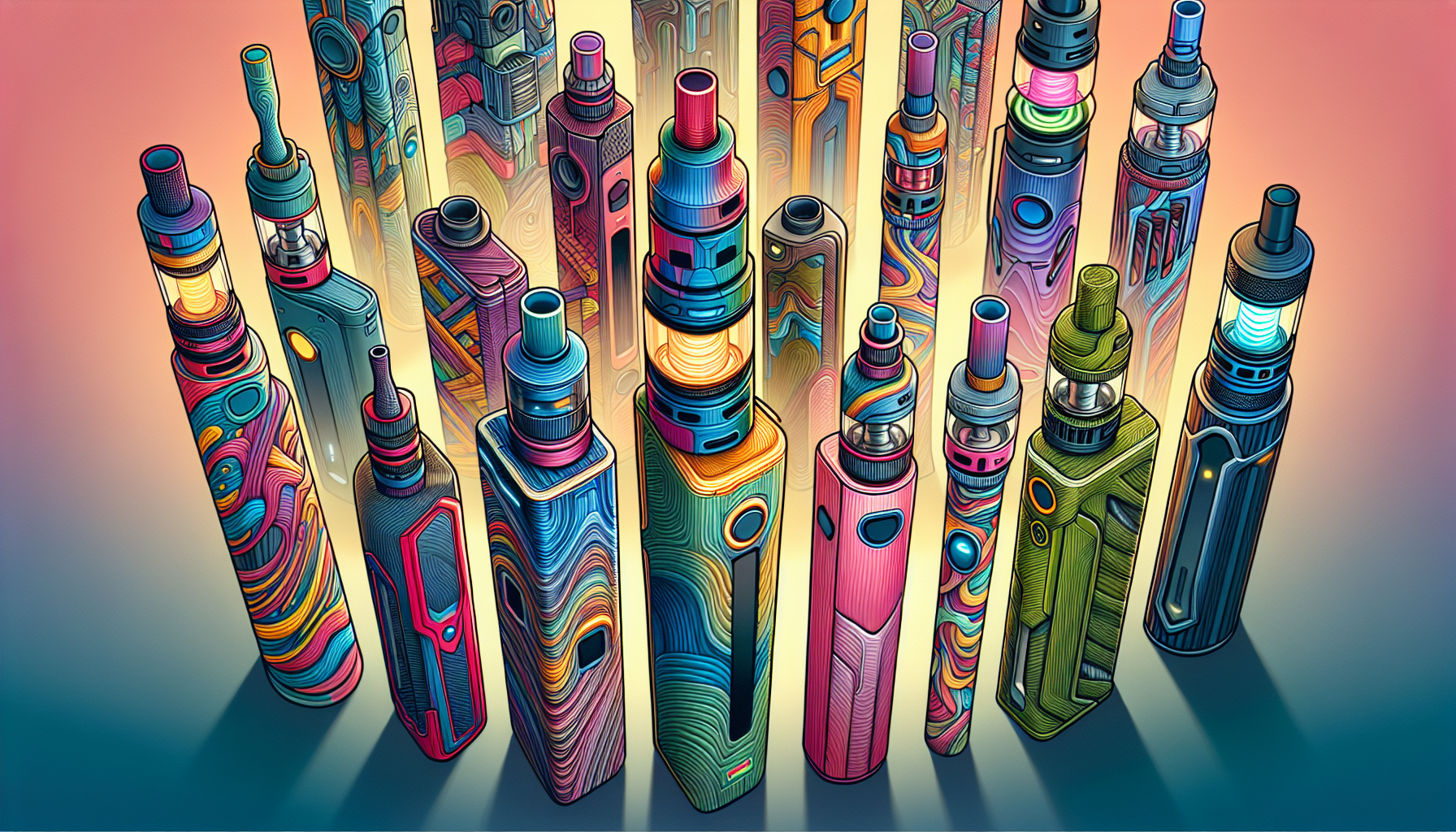 A depiction of various HHCP vapes that come in different colors and shapes.