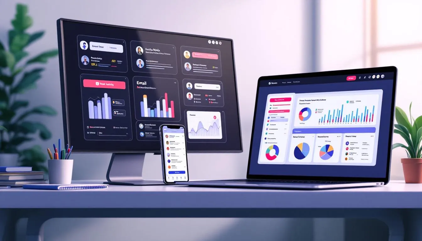 The image features various digital devices, including smartphones, tablets, and laptops, displaying different digital marketing channels such as social media platforms, email marketing interfaces, and analytics dashboards. This visual representation highlights the diverse tools and strategies used by a digital marketing agency to enhance business growth and achieve specific business objectives.