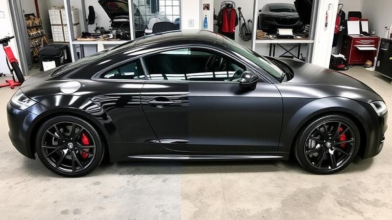Different look of glossy and satin wraps on same car