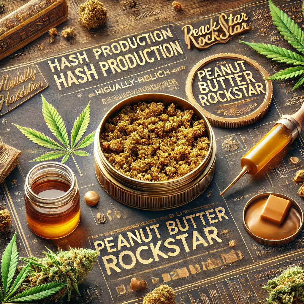 A high-quality digital representation of the Peanut Butter Rockstar strain’s history, showcasing resin-rich cannabis buds with a peanut butter-like texture and finely crafted hash.